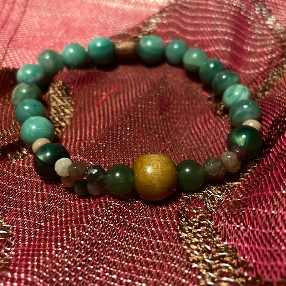 Handmade Bracelet w Upcycled & New Beads Jade Wood Metal Semiprecious Stones - Picture 1 of 4